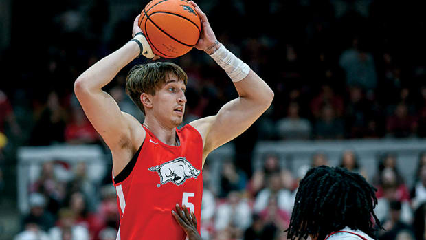 Joseph Pinion examines the offense during the Red-White game in Barnhill Arena. He led all scorers with 20 points, including 3-of-4 from beyond the arc.